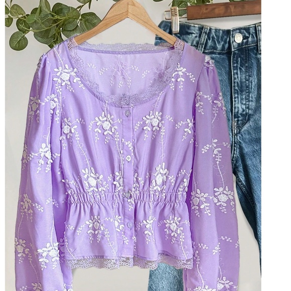 Boho Semi Sheer Lace Button Down Embroidered Floral Top - Picture 5 of 5